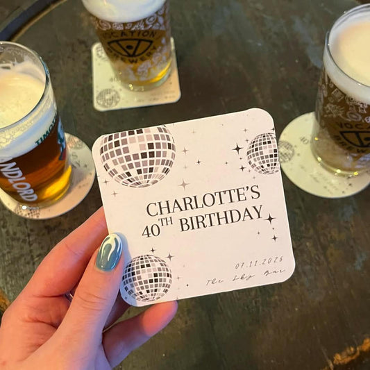 Personalised Birthday Coasters | Disco Ball Party Coasters | Custom Name Age Date Coasters | Party Favours Beer Mats | S