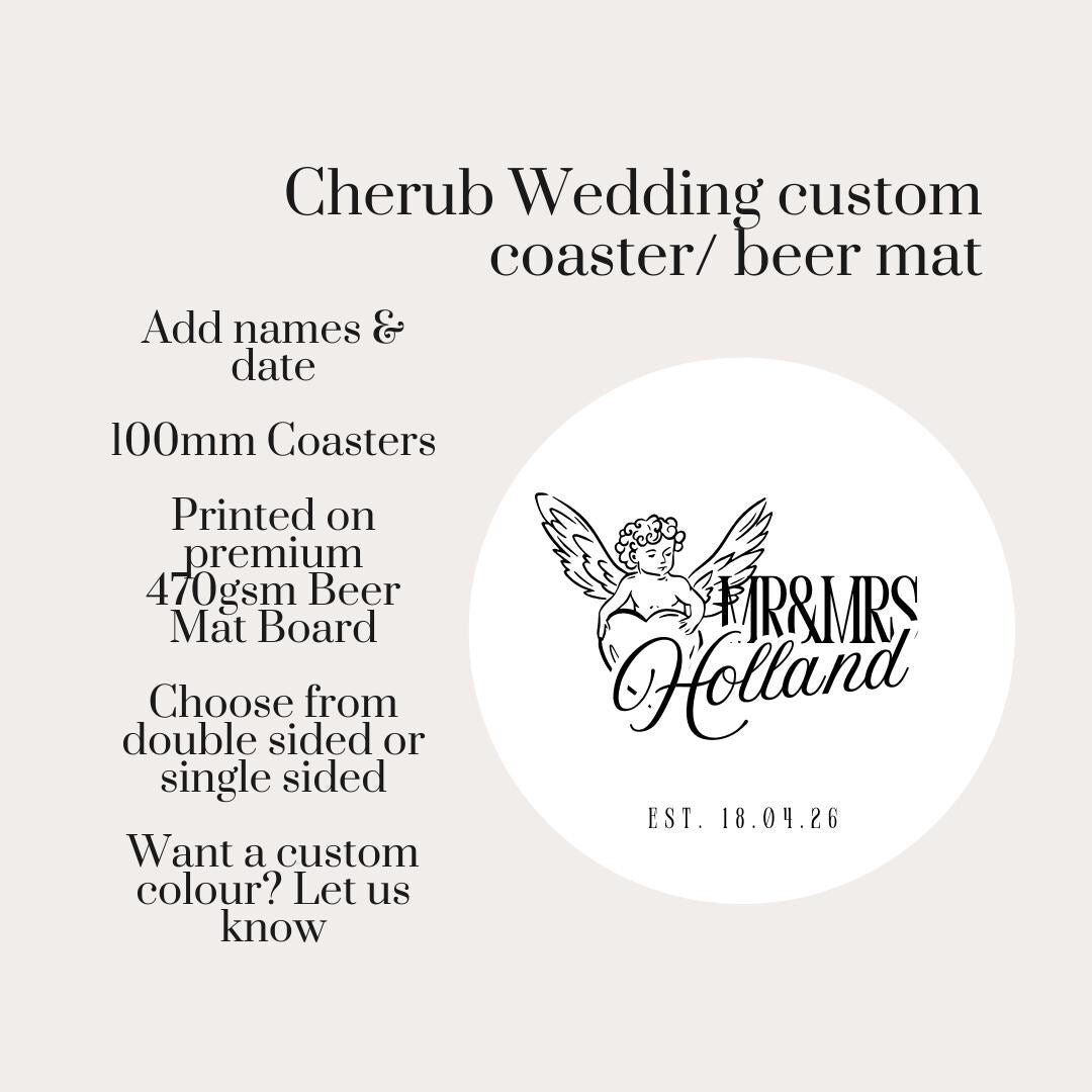 Cherub Wedding Coasters | Personalised Mr & Mrs Coasters | Elegant Wedding Favours | Names + Date Wedding Beer Mats