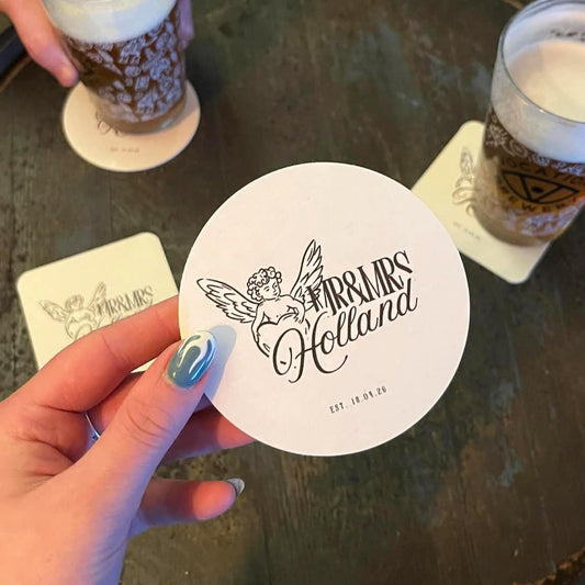 Cherub Wedding Coasters | Personalised Mr & Mrs Coasters | Elegant Wedding Favours | Names + Date Wedding Beer Mats