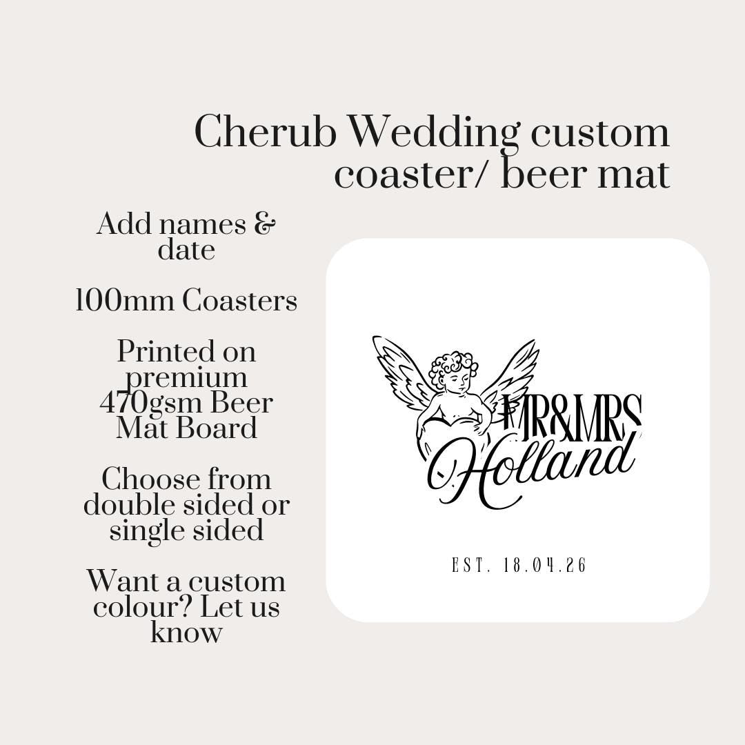 Cherub Wedding Coasters | Personalised Mr & Mrs Coasters | Romantic Wedding Favours | Names + Date Beer Mats | Square