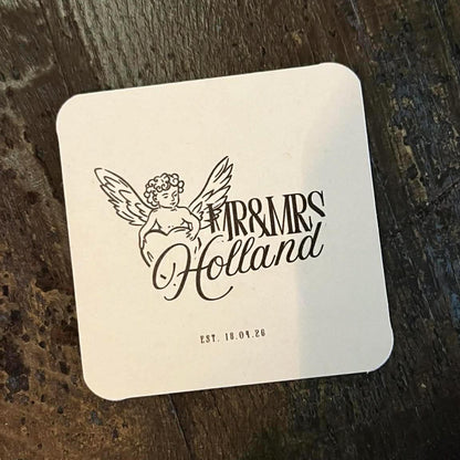 Cherub Wedding Coasters | Personalised Mr & Mrs Coasters | Romantic Wedding Favours | Names + Date Beer Mats | Square