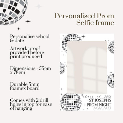 Printed Personalised Prom Selfie Frame | Funky Disco Ball Design | Class of 2026 | Custom School & Date | Foamex Photo Booth Prop 55x78cm