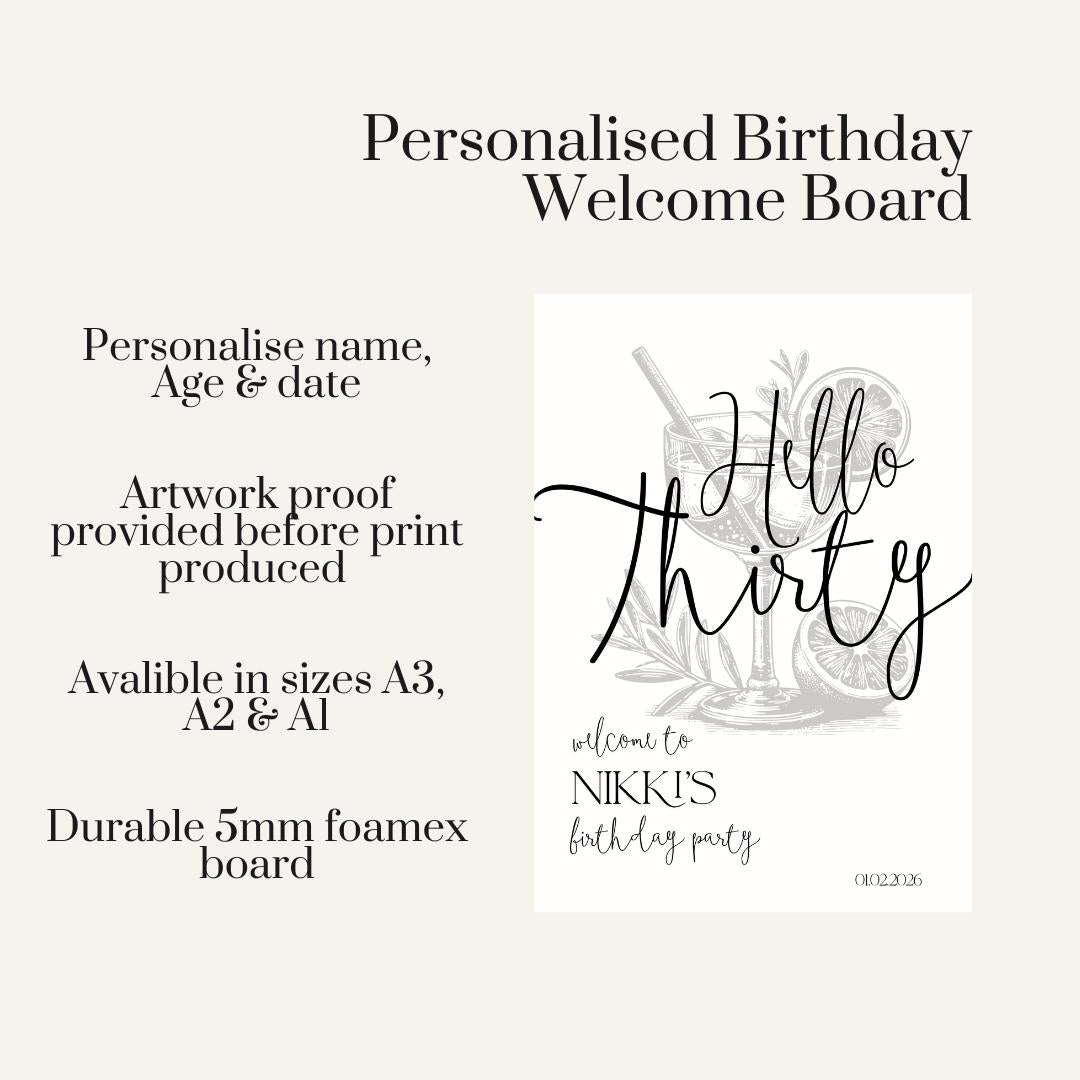 Cocktail Birthday Welcome Board, Personalised Martini Birthday Sign, Modern Milestone Party Decor, Custom Name Age Date Foamex Board