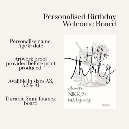 Cocktail Birthday Welcome Board, Personalised Martini Birthday Sign, Modern Milestone Party Decor, Custom Name Age Date Foamex Board