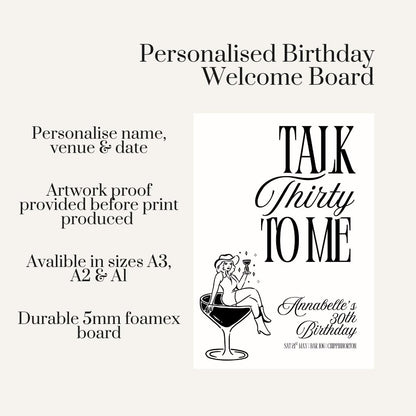 30th Birthday Welcome Board, Talk Thirty To Me Sign, Personalised Martini Birthday Party Decor, Custom Name Venue Date Foamex UK Board Decor
