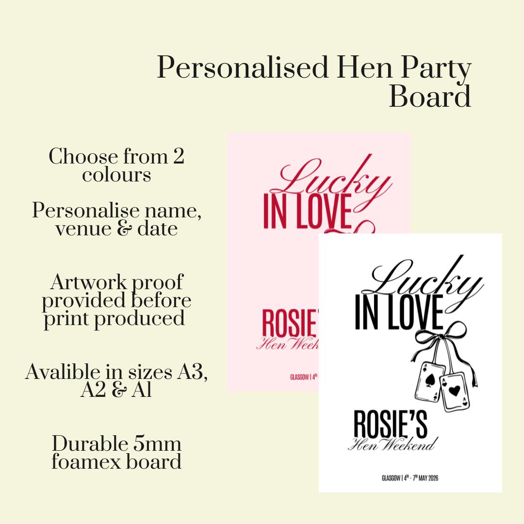 Personalised Hen Party Sign, Lucky in Love Hen Party Board, Bachelorette Welcome Sign, Custom Bride Party Decor, Hen Weekend Decoration