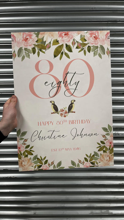 Personalised 80th Birthday Welcome Sign, Floral Birthday Party Board, Custom Milestone Birthday Decoration, Elegant Birthday Sign, Any Age