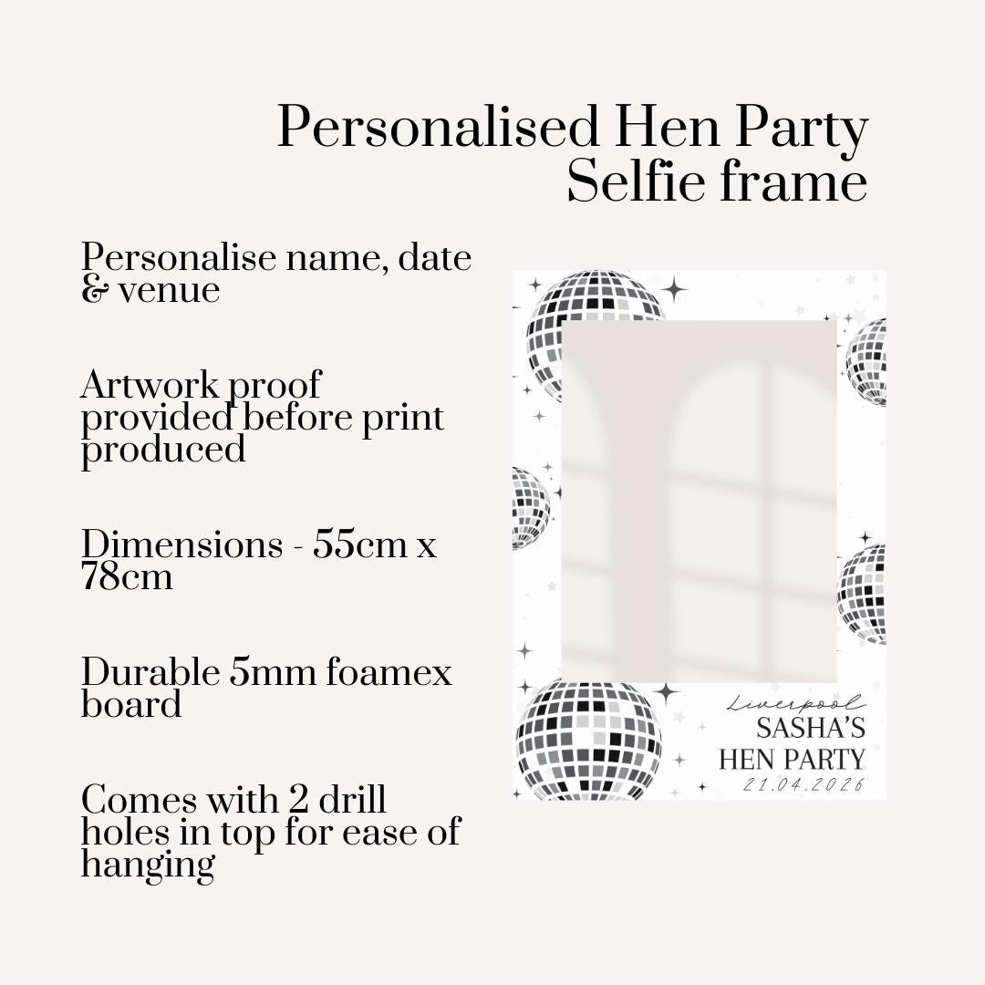 Personalised Hen Party Selfie Frame, Disco Hen Party Photo Booth Frame, Custom Bachelorette Selfie Frame, Bride Squad Party Frame