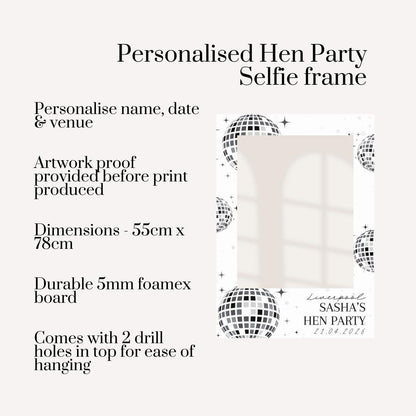 Personalised Hen Party Selfie Frame, Disco Hen Party Photo Booth Frame, Custom Bachelorette Selfie Frame, Bride Squad Party Frame