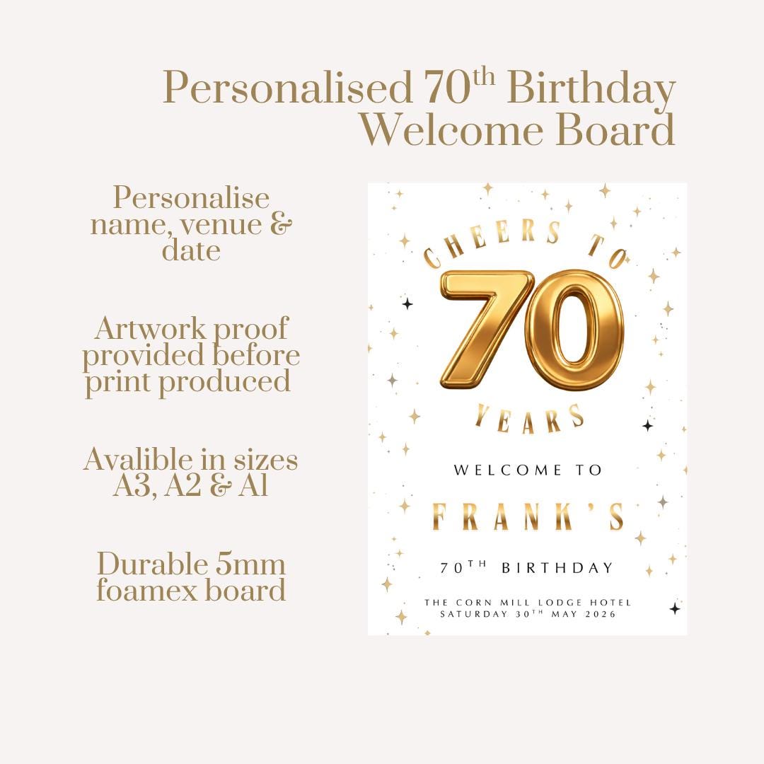 Personalised 70th Birthday Welcome Sign, Gold 70 Birthday Board, Custom Milestone Birthday Sign, 70th Party Welcome Board Decor