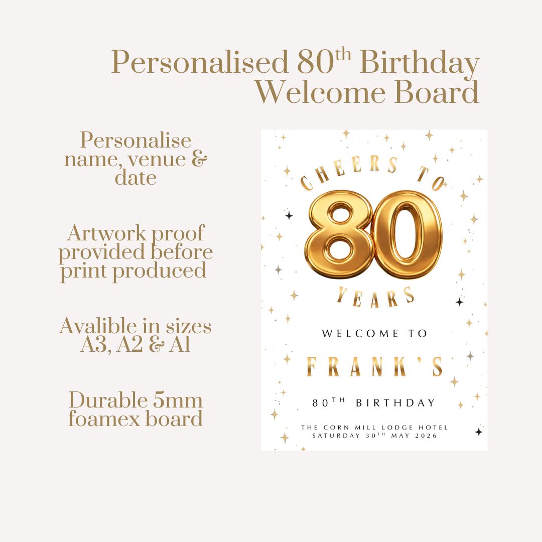 Personalised 80th Birthday Welcome Sign, Gold 80 Birthday Board, Custom Milestone Birthday Sign, 80th Party Welcome Board Decor