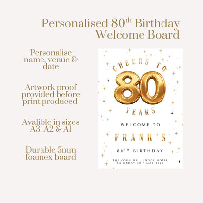 Personalised 80th Birthday Welcome Sign, Gold 80 Birthday Board, Custom Milestone Birthday Sign, 80th Party Welcome Board Decor