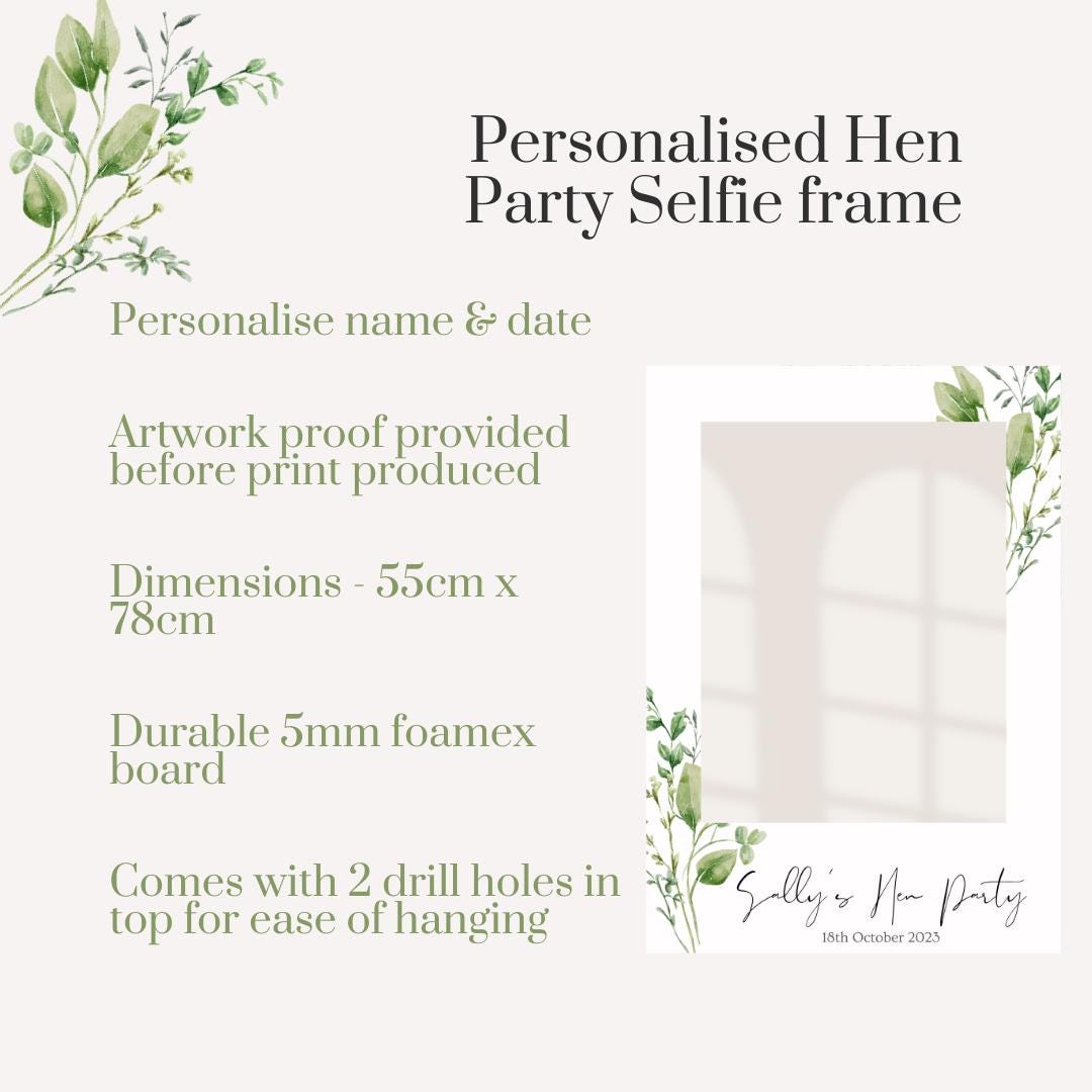 Personalised Hen Party Selfie Frame, Greenery Hen Party Photo Booth Frame, Bride to Be Frame, Botanical Hen Party Decor, Custom Hen Party