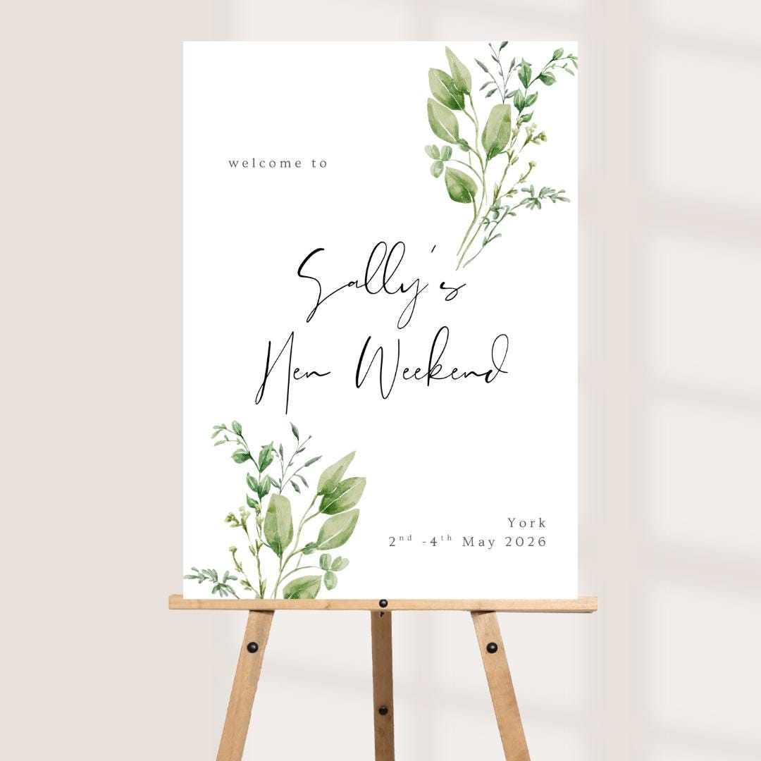 Personalised Greenery Hen Party Welcome Board, Elegant Hen Weekend Sign, Minimal Botanical Bride to Be Decor, Custom Hen