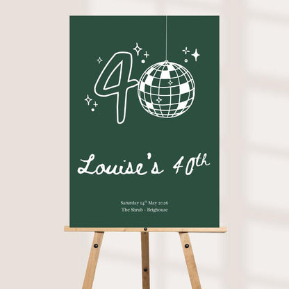 Personalised 40th Birthday Welcome Board, Disco Birthday Sign, Custom Party Welcome Sign, 40th Party Sign with Name & Date
