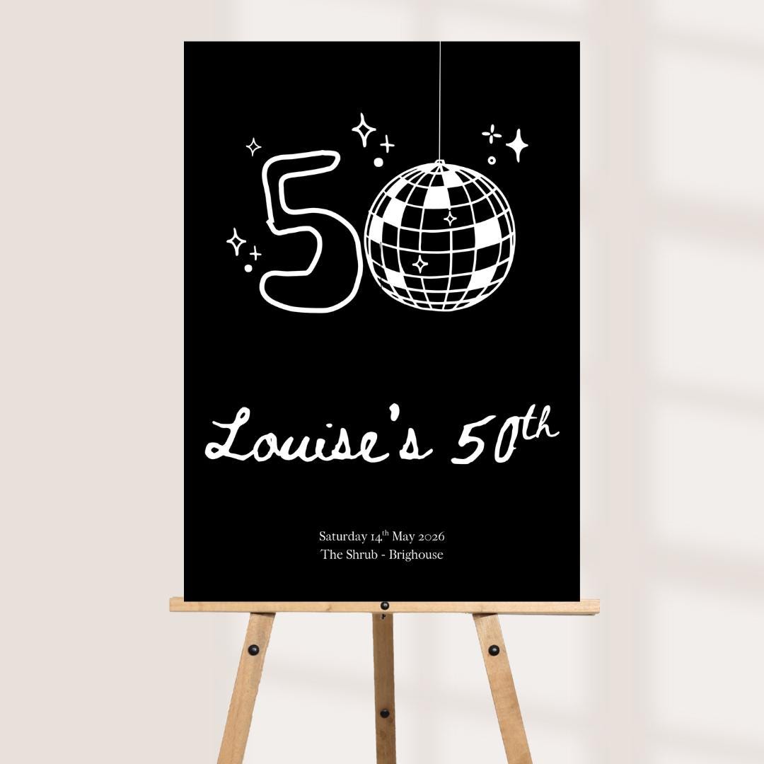 Personalised 50th Birthday Welcome Board, Disco Birthday Sign, Custom Party Welcome Sign, 50th Party Sign with Name & Da