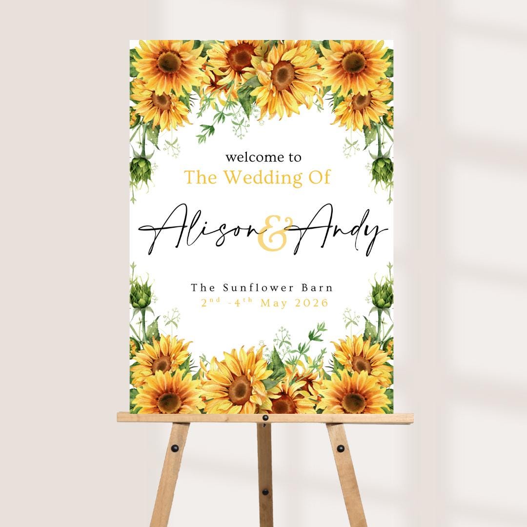 Printed Sunflower Wedding Welcome Board, Personalised Rustic Wedding Sign, Custom Wedding Welcome Sign, Barn Wedding Dec