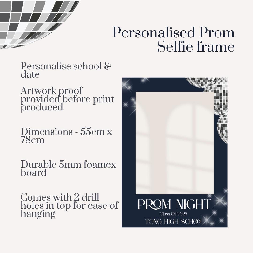 Personalised Prom Selfie Frame – Navy Blue Disco Class of 2025