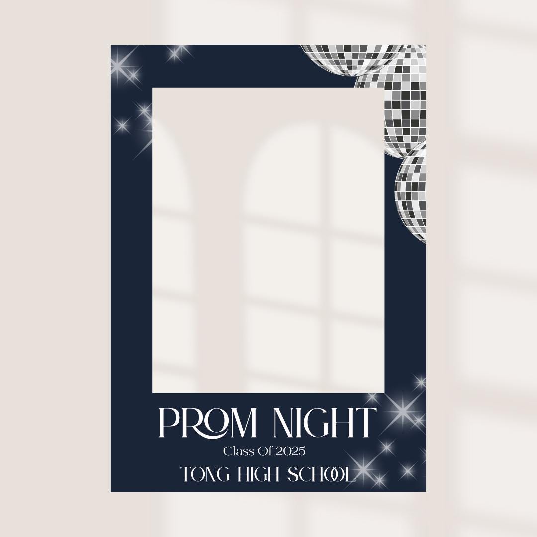 Printed Personalised Prom Selfie Frame | Custom School Prom Night Photo Prop | Navy Blue Disco Theme Class of 2025 Frame