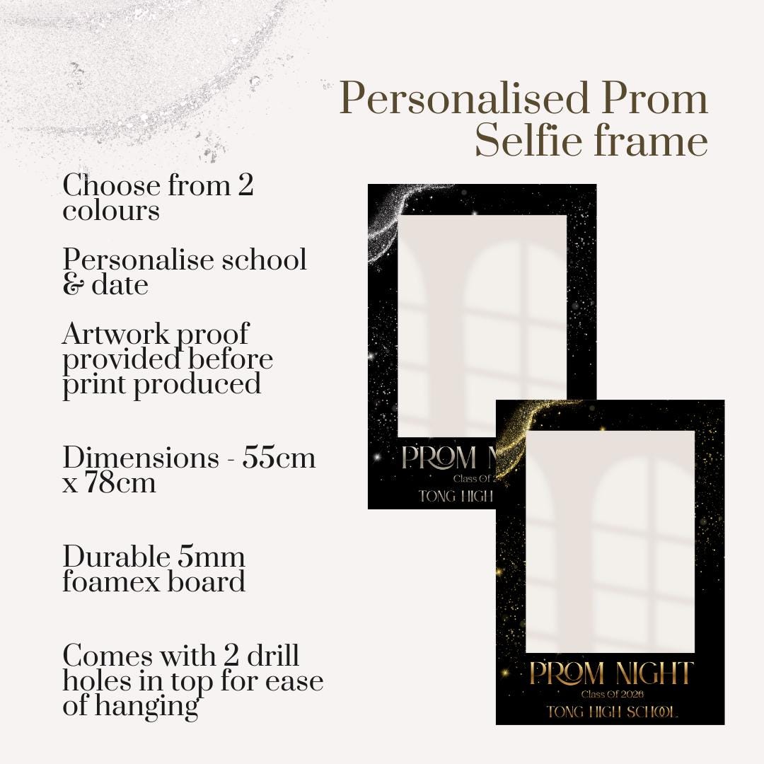 Printed Personalised Prom Selfie Frame | Black Gold or Silver | Class of 2026 | Custom School & Date | Foamex Photo Booth Prop 55x78cm