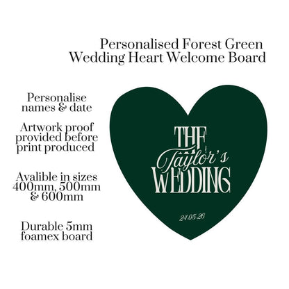 Personalised Wedding Welcome Sign – Deep Forrest Green Heart Board – Custom Surname Wedding Decor