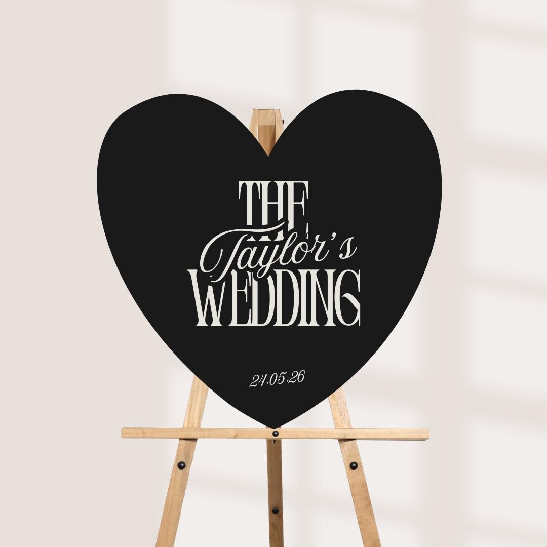 Personalised Wedding Welcome Sign – Black Heart Board – Custom Surname Wedding Decor - Minimalistic Wedding