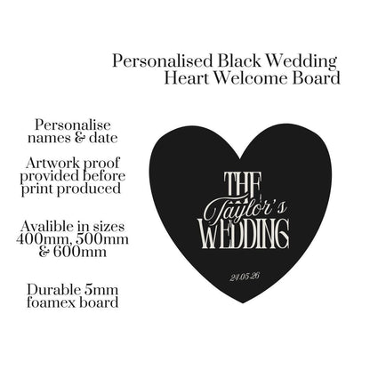 Personalised Wedding Welcome Sign – Black Heart Board – Custom Surname Wedding Decor - Minimalistic Wedding