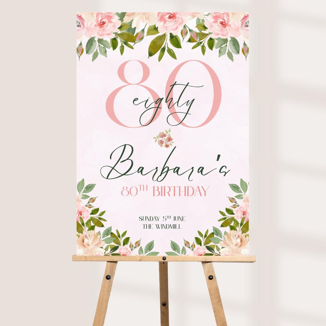 Personalised 80th Birthday Welcome Sign, Floral Birthday Party Board, Custom Milestone Birthday Decoration, Elegant Birt