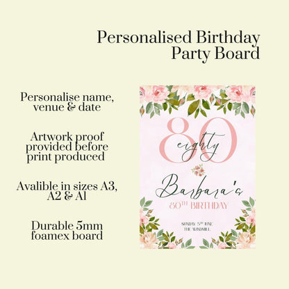 Personalised 80th Birthday Welcome Sign, Floral Birthday Party Board, Custom Milestone Birthday Decoration, Elegant Birthday Sign, Any Age