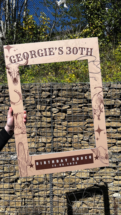 Personalised Rodeo Birthday Selfie Frame – Western Party Photo Prop, Custom Name & Age, Cowboy Theme, 55x78cm, Rustic Country Party Decor
