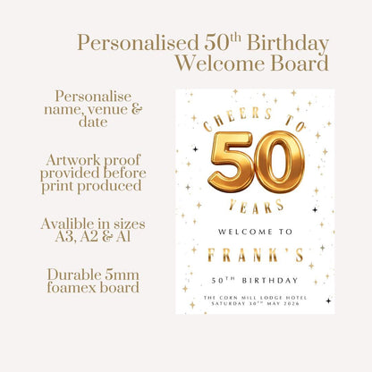 Personalised 50th Birthday Welcome Sign – Gold 50