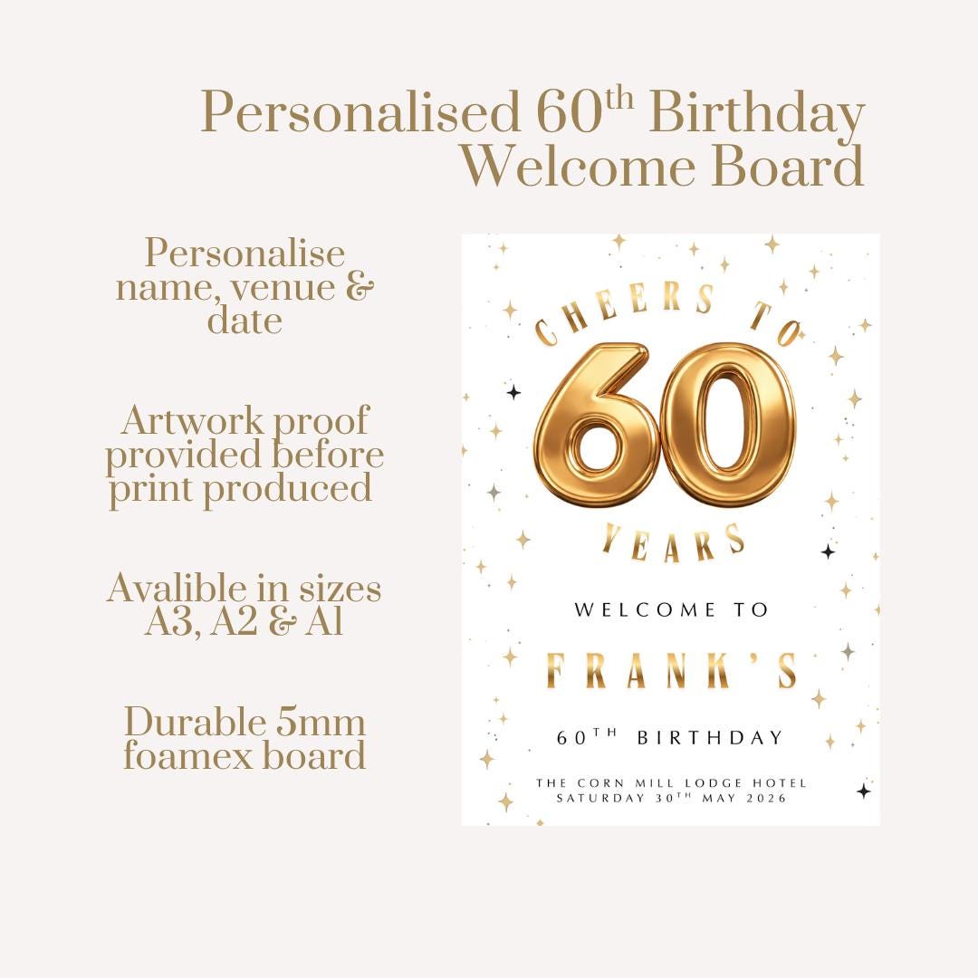 Personalised 60th Birthday Welcome Sign, Gold 60 Birthday Board, Custom Milestone Birthday Sign, 60th Party Welcome Board Decor