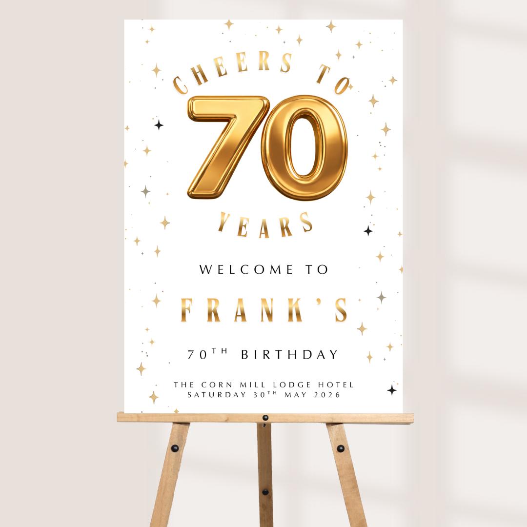 Personalised 70th Birthday Welcome Sign, Gold 70 Birthday Board, Custom Milestone Birthday Sign, 70th Party Welcome Boar