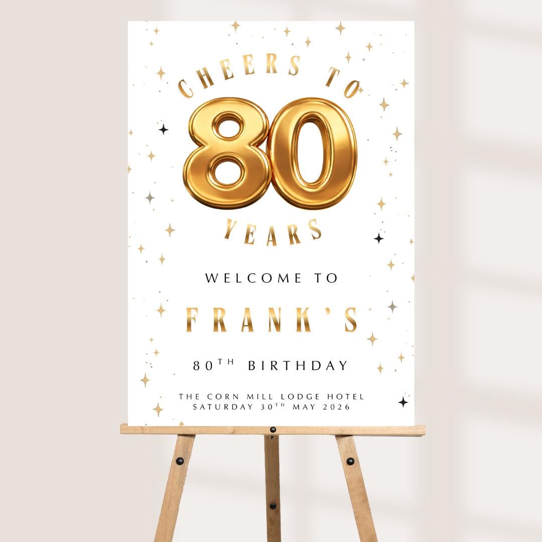 Personalised 80th Birthday Welcome Sign, Gold 80 Birthday Board, Custom Milestone Birthday Sign, 80th Party Welcome Boar