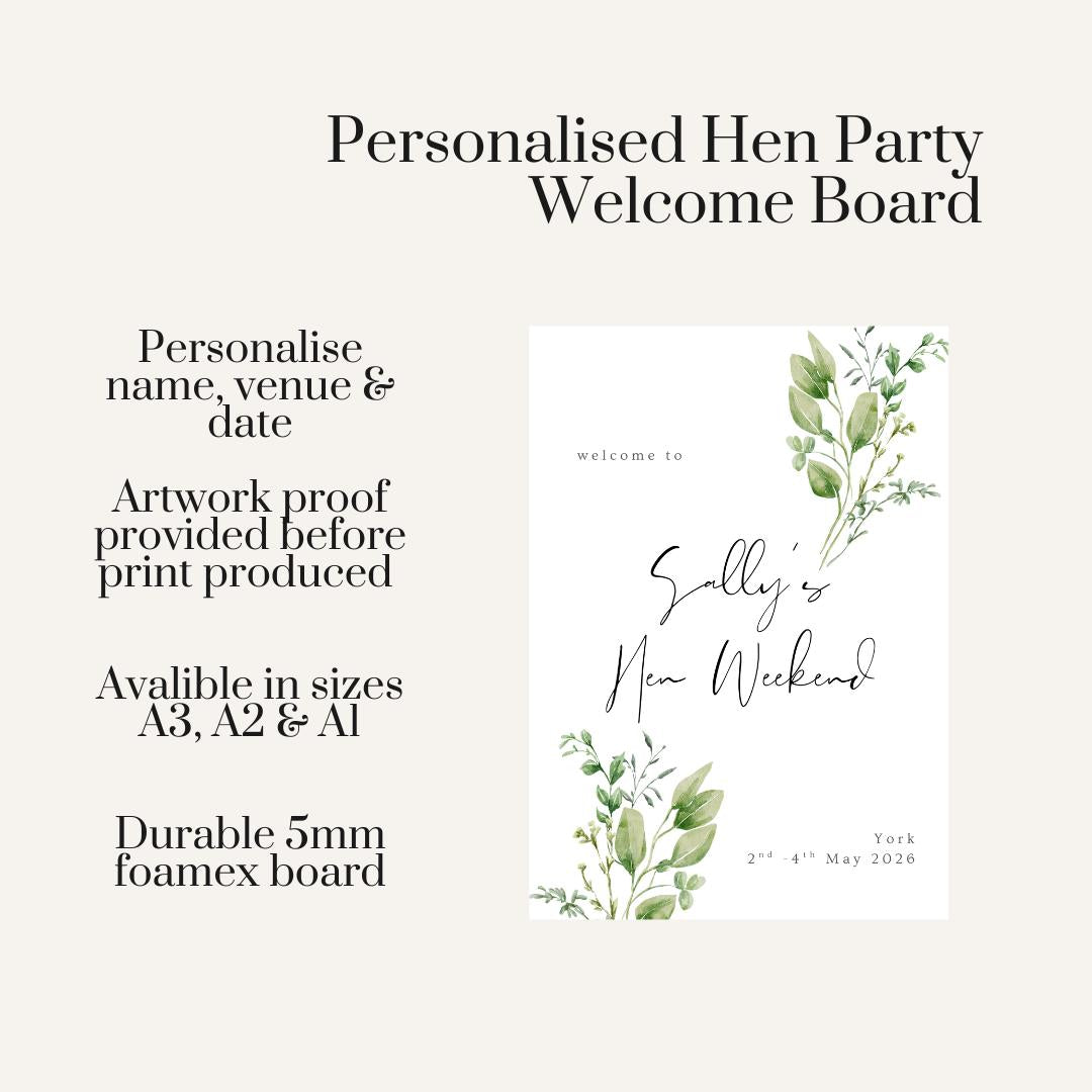 Personalised Greenery Hen Party Welcome Board, Elegant Hen Weekend Sign, Minimal Botanical Bride to Be Decor, Custom Hen Party Welcome Sign
