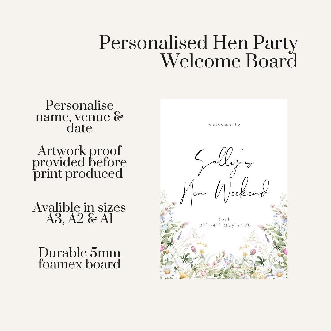Personalised Wildflower Hen Party Welcome Board, Floral Hen Weekend Sign, Rustic Bride to Be Decor, Custom Hen Party Welcome Sign