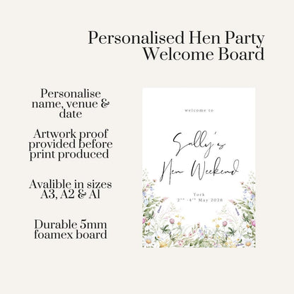 Personalised Wildflower Hen Party Welcome Board, Floral Hen Weekend Sign, Rustic Bride to Be Decor, Custom Hen Party Welcome Sign