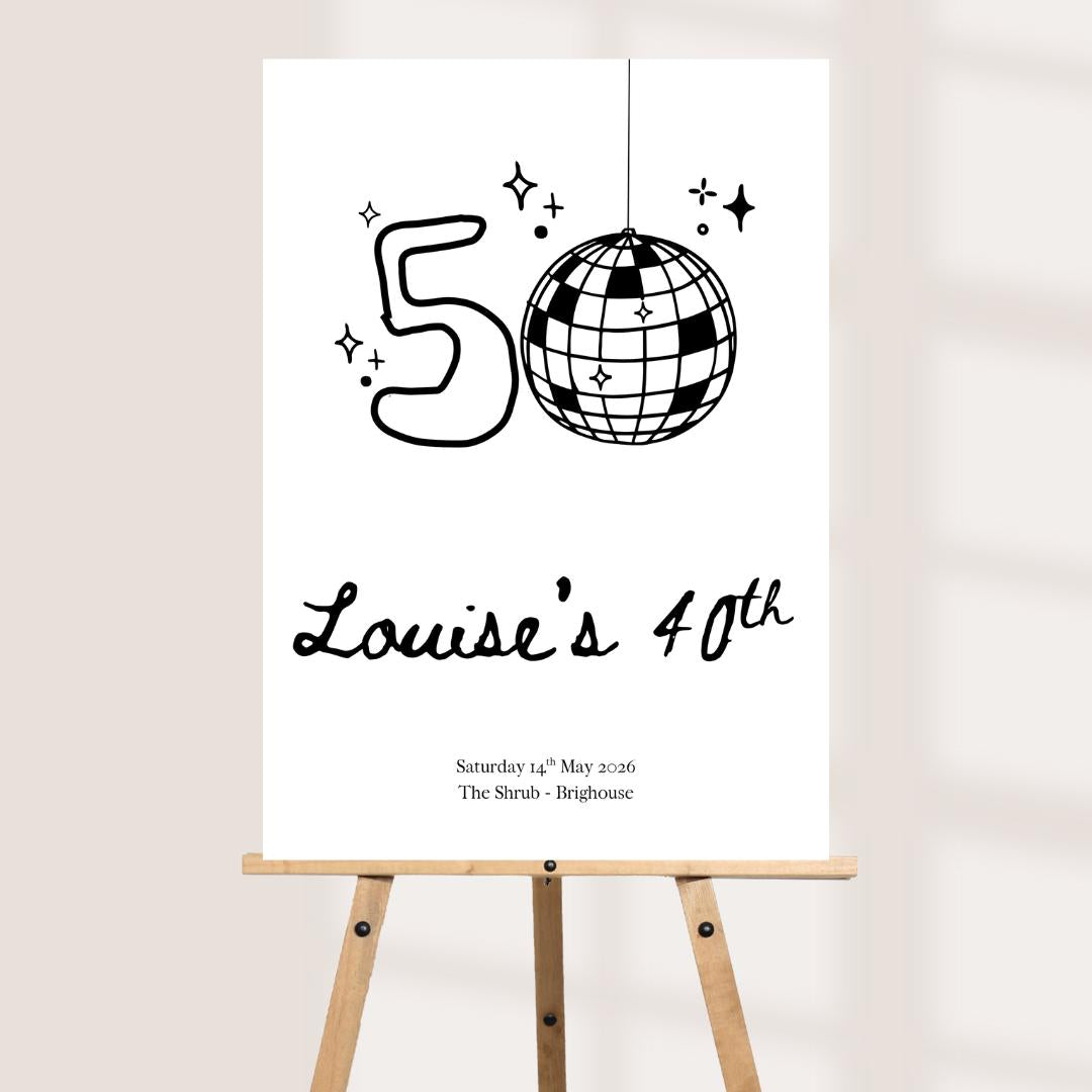 Personalised 50th Birthday Welcome Board, Disco Birthday Sign, Custom Party Welcome Sign, 50th Party Sign with Name & Date