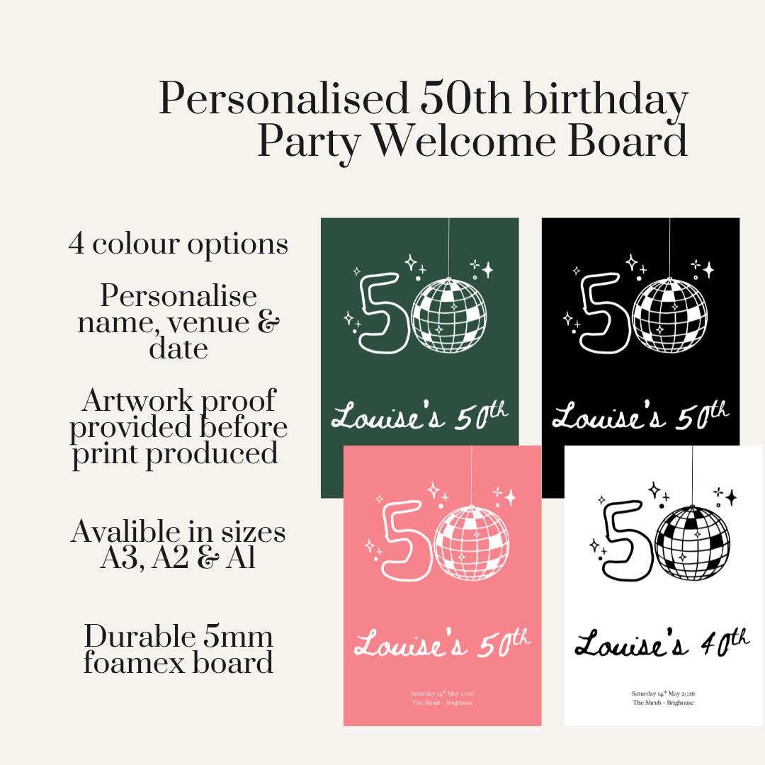 Personalised 50th Birthday Welcome Board, Disco Birthday Sign, Custom Party Welcome Sign, 50th Party Sign with Name & Date