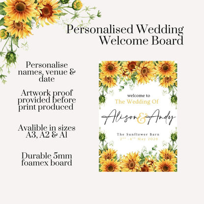 Printed Sunflower Wedding Welcome Board, Personalised Rustic Wedding Sign, Custom Wedding Welcome Sign, Barn Wedding Decor