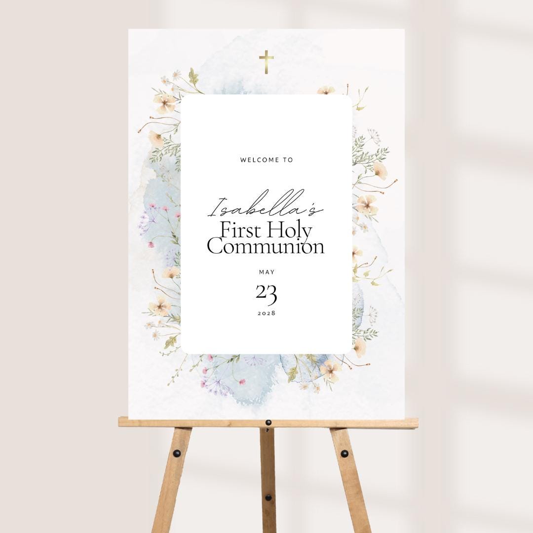 Printed Personalised First Holy Communion Welcome Sign, Watercolour Floral Party Decor