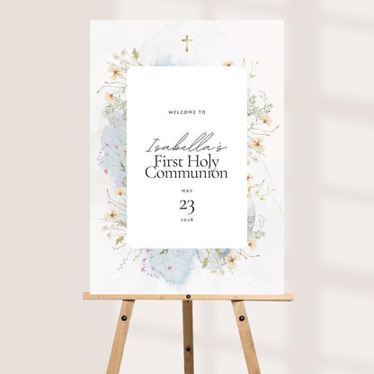 Printed Personalised First Holy Communion Welcome Sign, Watercolour Floral Party Decor