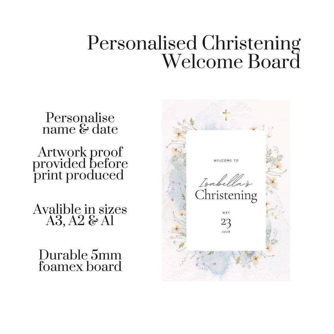 Personalised Printed Christening Welcome Board, Watercolour Christening Sign, Floral Baptism Welcome Board, Custom Baby Christening Decor