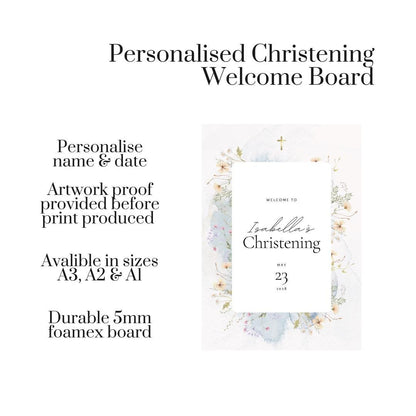 Personalised Printed Christening Welcome Board, Watercolour Christening Sign, Floral Baptism Welcome Board, Custom Baby Christening Decor