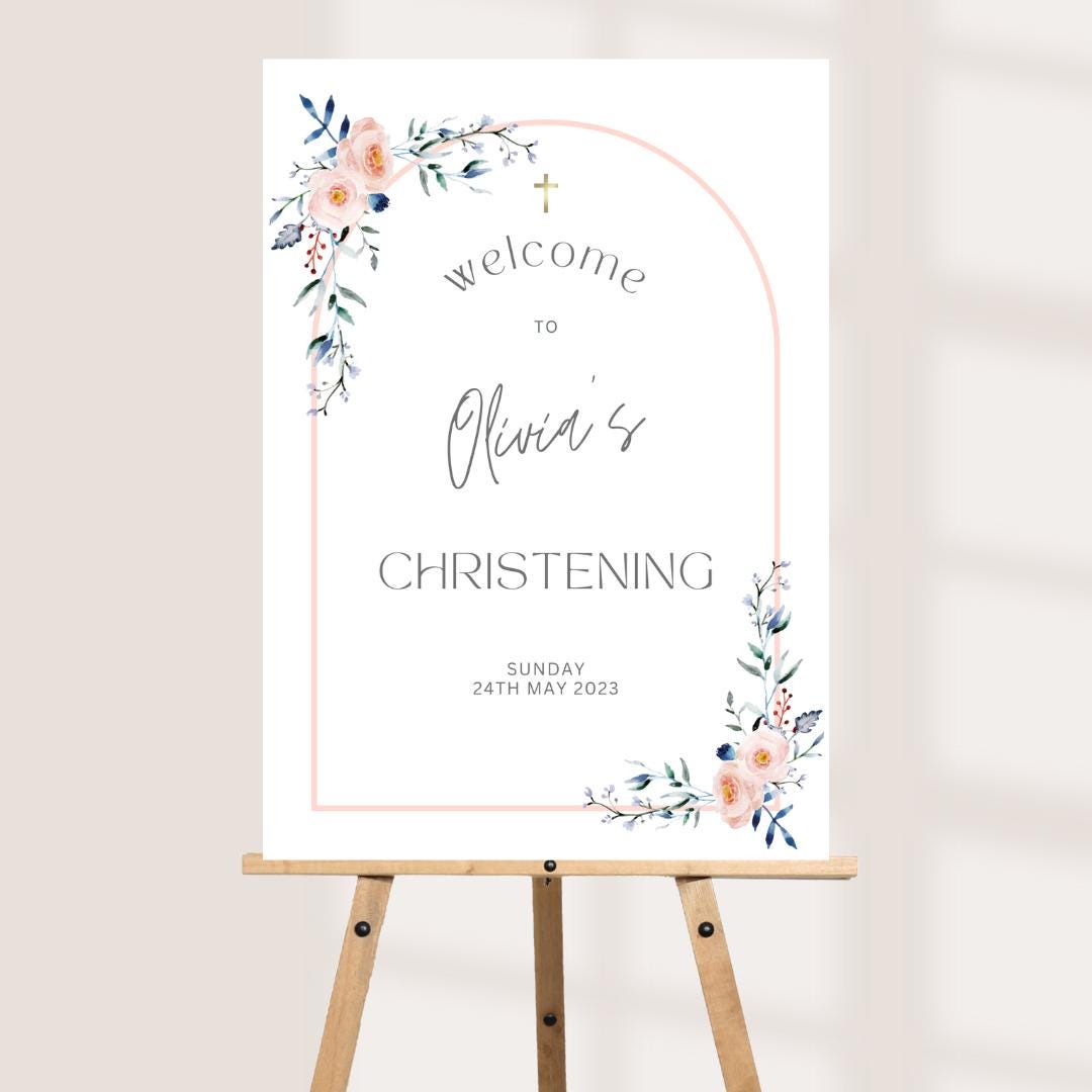 Personalised Printed Christening Welcome Board, Pink Arch Christening Sign, Floral Baptism Welcome Board, Botanical Chri