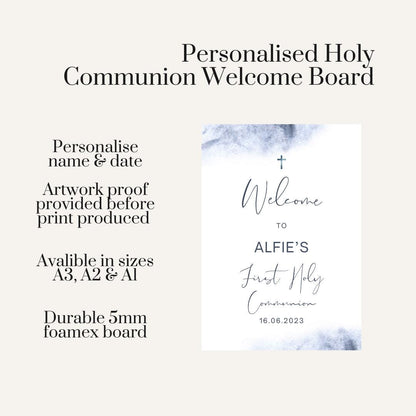 Personalised Blue Watercolour First Holy Communion Welcome Board – Modern