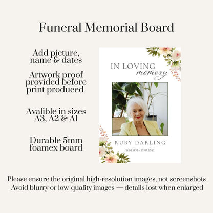 Personalised Printed Floral Funeral Memorial Board, Elegant Photo Memory Sign, Soft Neutral Celebration Of Life Welcome Board
