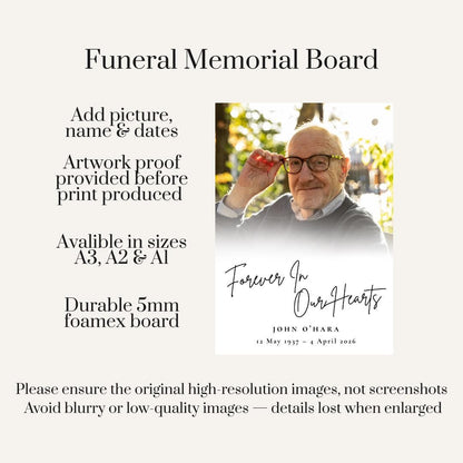 Personalised Printed Photo Funeral Memorial Board, Modern Forever In Our Hearts Sign, Minimal Celebration Of Life Foam Board Display