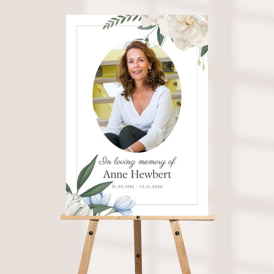 Personalised Printed Floral Funeral Memorial Board, Elegant Photo Tribute Sign, Soft Botanical Celebration Of Life Foam 