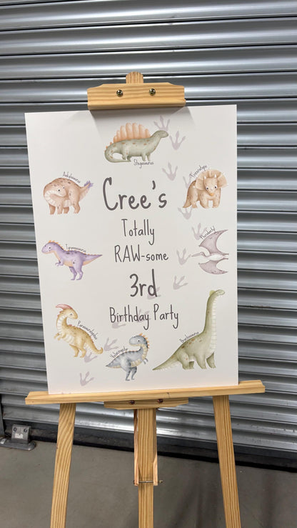 Personalised Dinosaur Birthday Welcome Sign | Totally Rawsome Dino Party Board | Custom Name & Age | A3 A2 A1 Sizes|